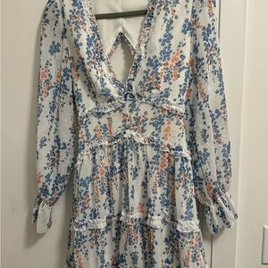 White Floral Ruffle Midi Dress - Blue & Orange Print